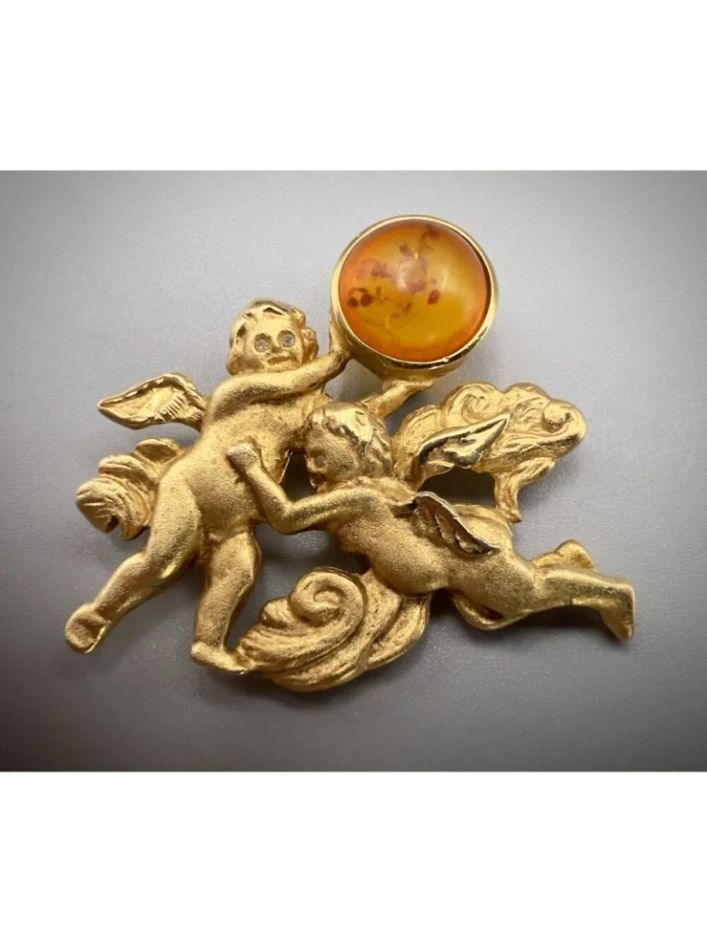 Vintage Signed LS Louis Stern Cherub Angel Brooch Gold Tone Amber Cabochon Pin